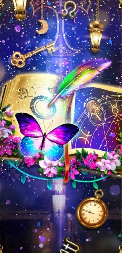 Mystical open book with colorful butterfly and celestial design.