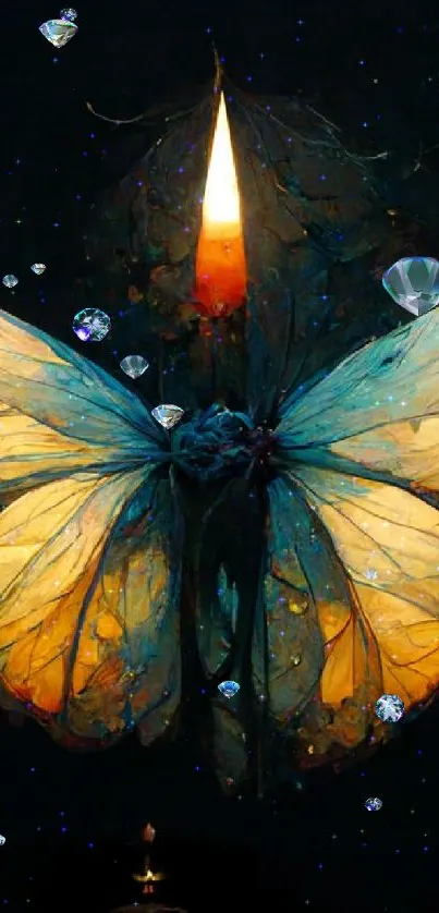 A mystical butterfly illuminated by candlelight against a dark background.