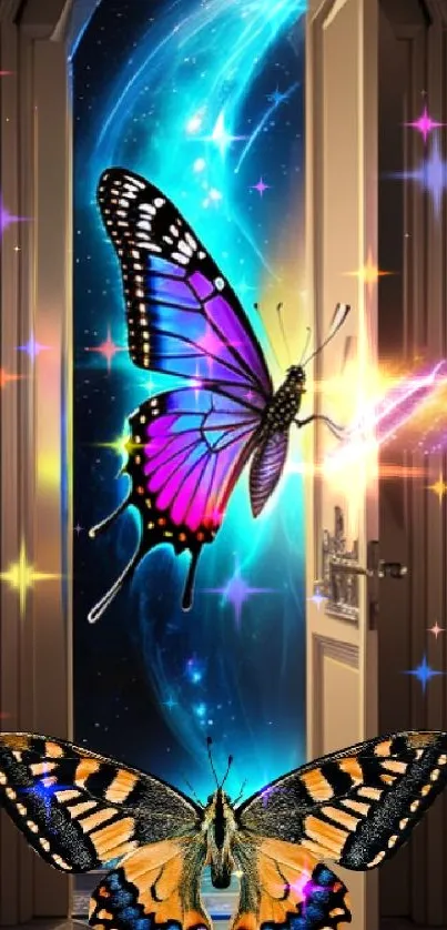 Fantastical butterflies fly through a vibrant, mystical doorway set in a galaxy.