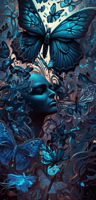 Ethereal blue butterflies with mystical face on wallpaper.