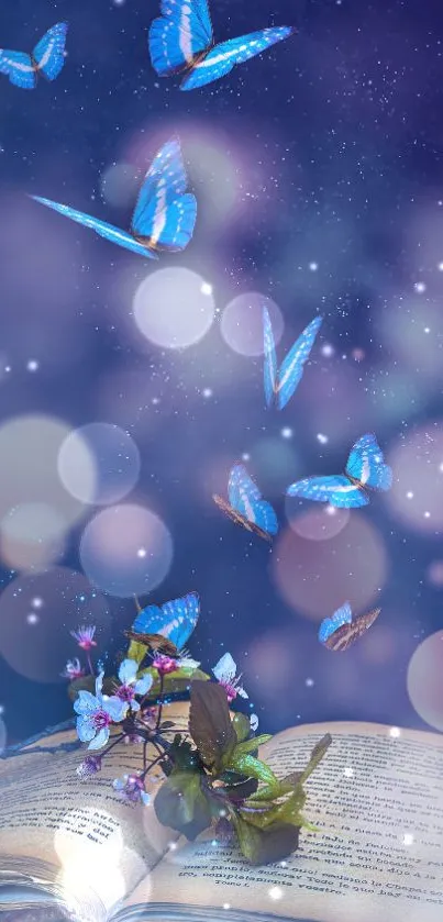Blue butterflies fluttering above an open book against a mystical dark purple background.