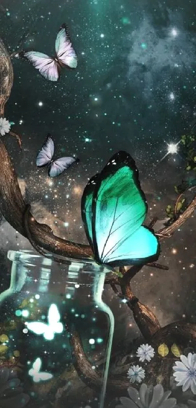 Mystical wallpaper featuring glowing butterflies in a night garden with starlit sky.