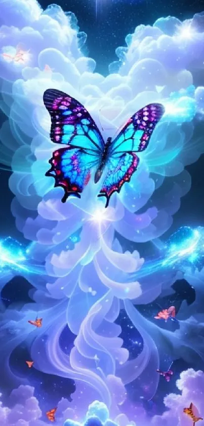 Ethereal butterfly in a celestial dreamscape with vibrant blue and purple hues.