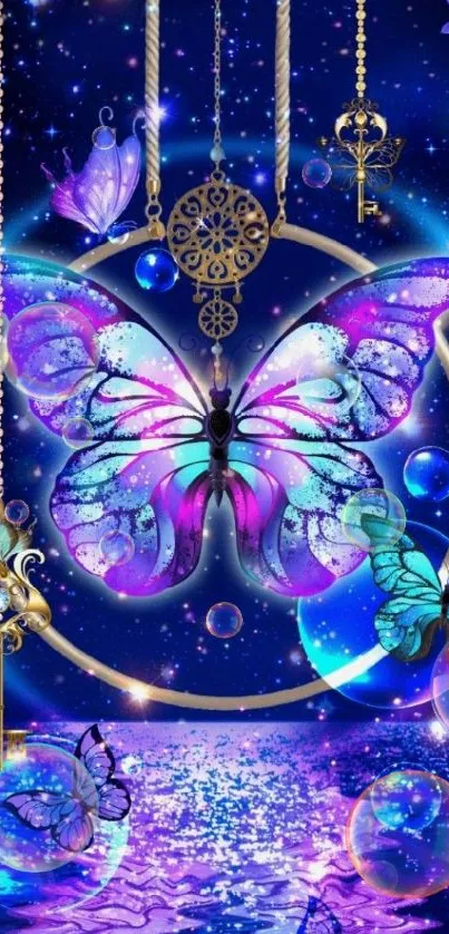 Mystical butterfly with blue cosmic background and golden keys.