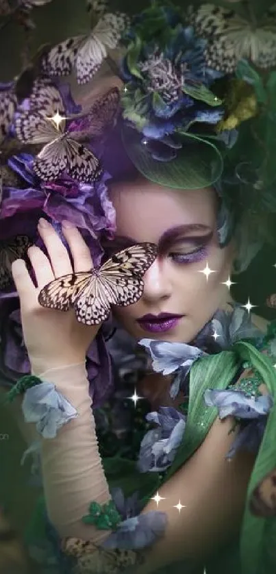 Mystical woman with butterflies and floral headpiece in dark green hues.