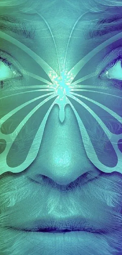 Mystical butterfly face art in blue-green tones for mobile wallpaper.