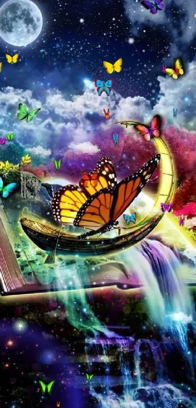 Colorful fantasy wallpaper with butterflies and mystical scenery.