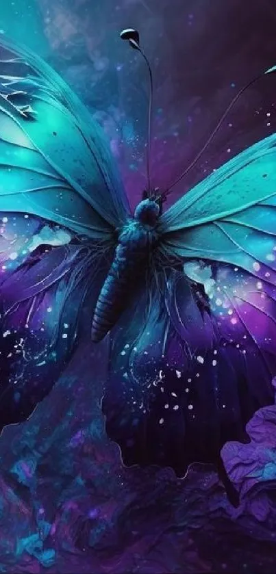 Mystical butterfly in shades of blue and purple against a fantasy background.