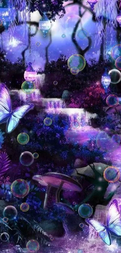 Mystical purple forest with butterflies and glowing lights.