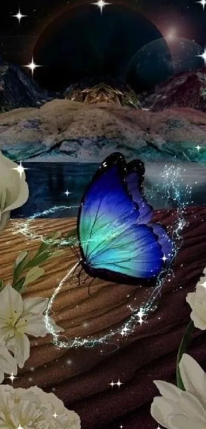 Mystical blue butterfly in fantasy landscape.