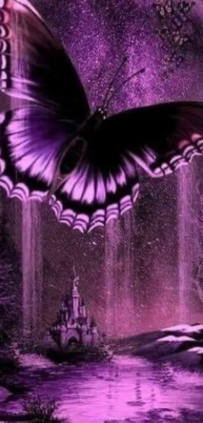 Magical purple butterfly with enchanted castle in fantasy art style.