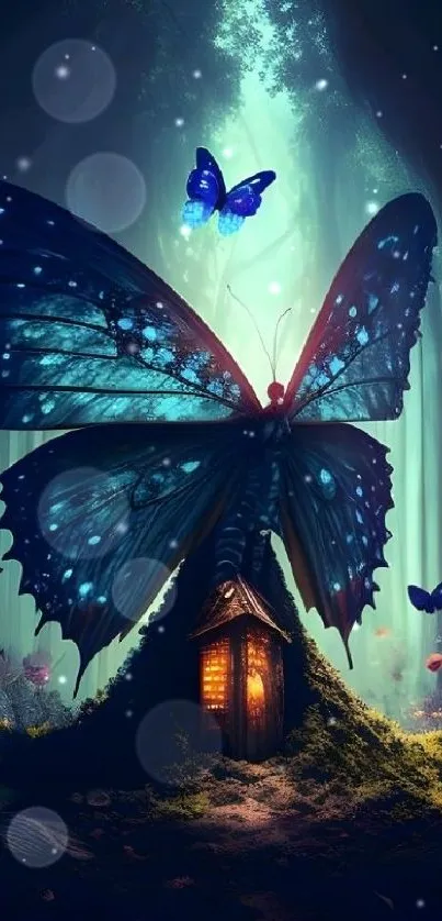 Mystical butterfly on forest house, glowing wings.