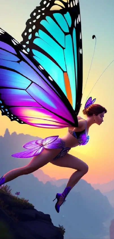 Fantasy woman with butterfly wings in vibrant mountain landscape.