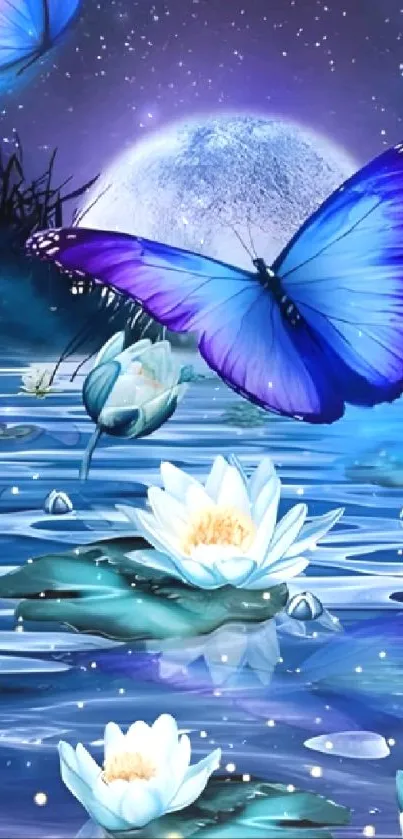 Butterfly gracefully fluttering over moonlit water and blooming lilies.