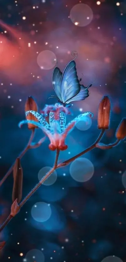 Blue butterfly on a flower with a starry background, vibrant mystical colors.