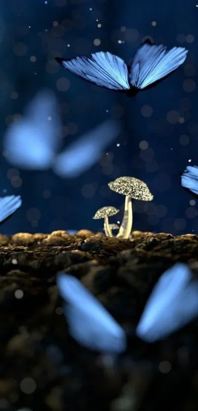 Blue butterflies and glowing mushrooms in a mystical forest scene.