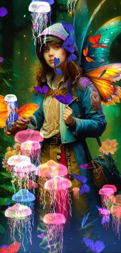 Fantasy girl with butterfly wings in forest setting.