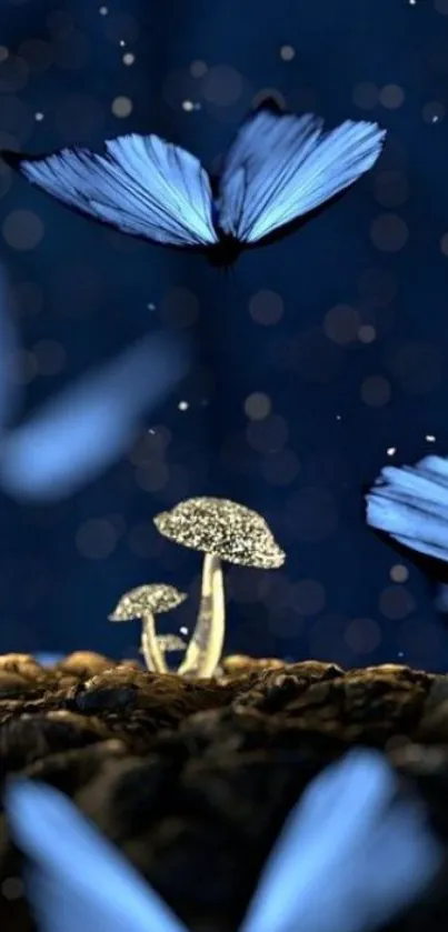 Mystical forest wallpaper with blue butterflies and glowing mushrooms.