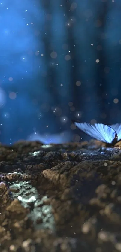 Ethereal blue butterflies glowing in a mystical forest at night.