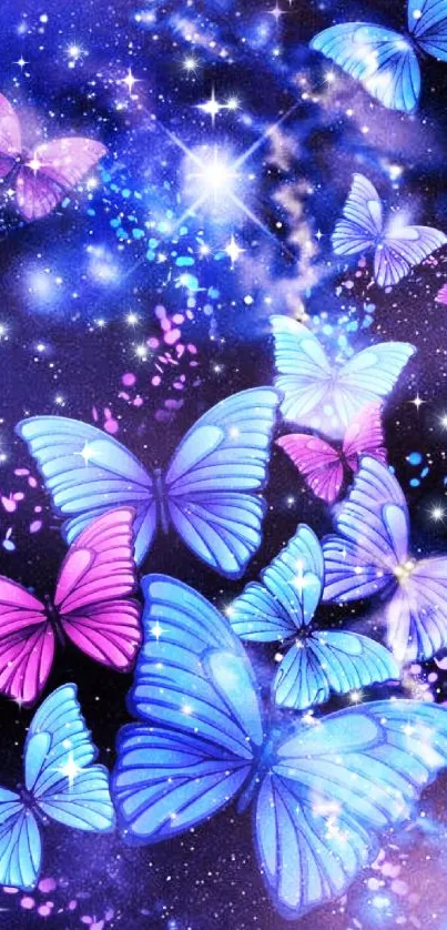 Colorful cosmic scene with butterflies in a galaxy setting.