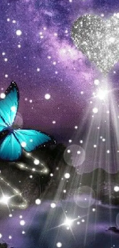 Blue butterfly with heart and galaxy night scene wallpaper.