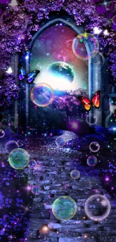 Mystical purple portal with butterflies.