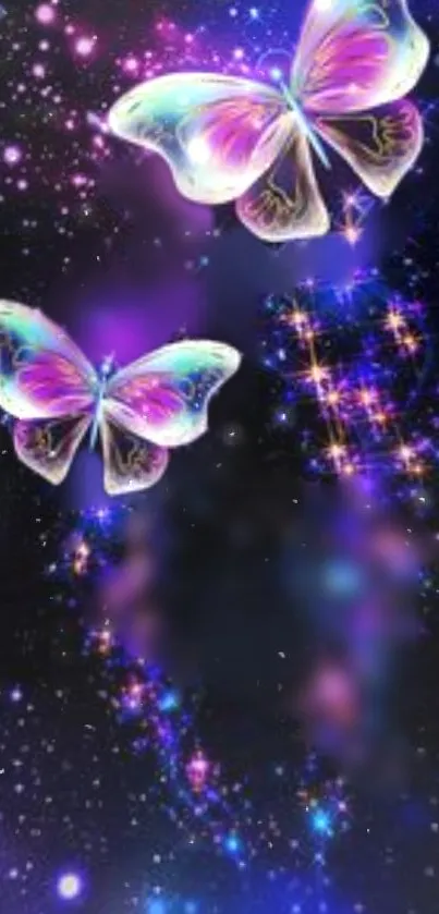 Mystical butterfly galaxy wallpaper with vibrant colors and dreamy space background.