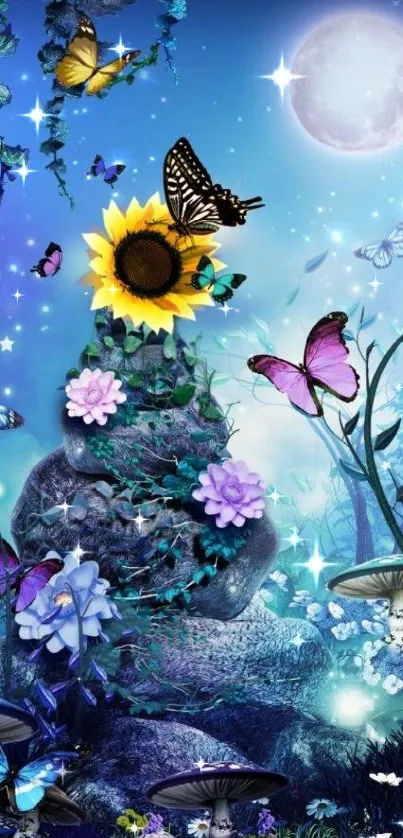 Mystical garden with butterflies and moonlit sky in vibrant blues.