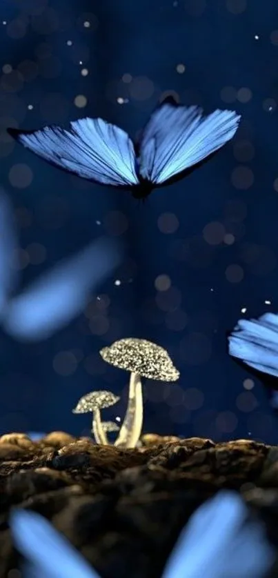 Mystical dark blue butterfly wallpaper with glowing elements.