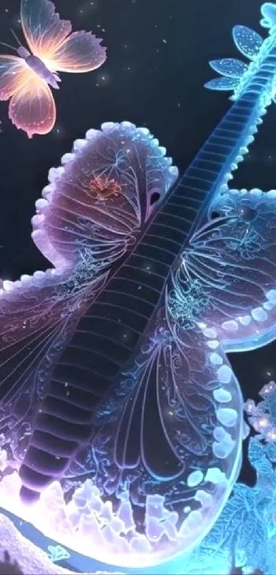 Surreal butterfly guitar glowing with blue and purple hues in a mystical setting.