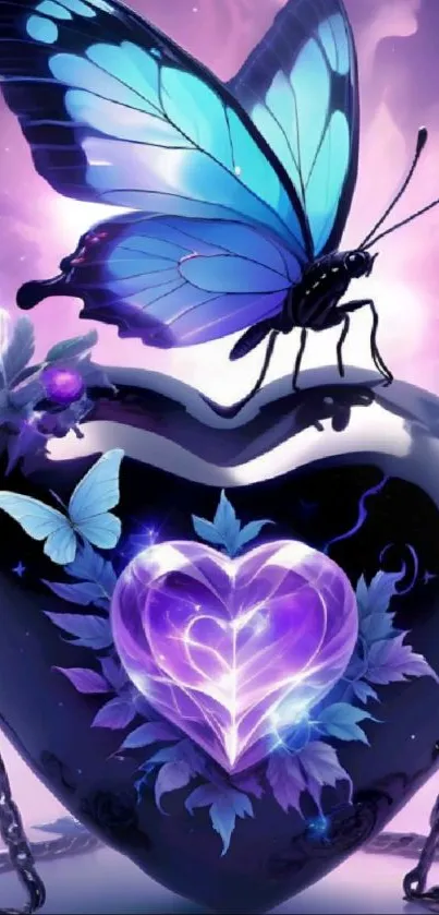 Vivid butterfly on glowing heart crystal wallpaper.