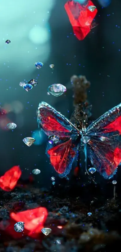 Glowing butterfly with red crystals in a mystical cave setting.