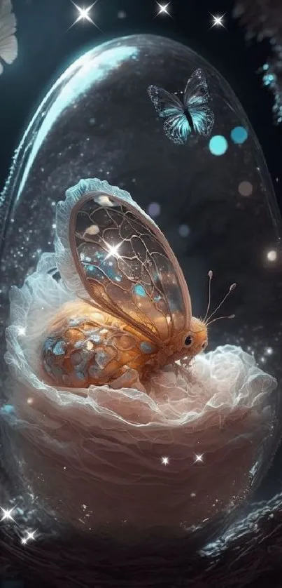 Mystical butterfly inside a glass sphere glowing softly.