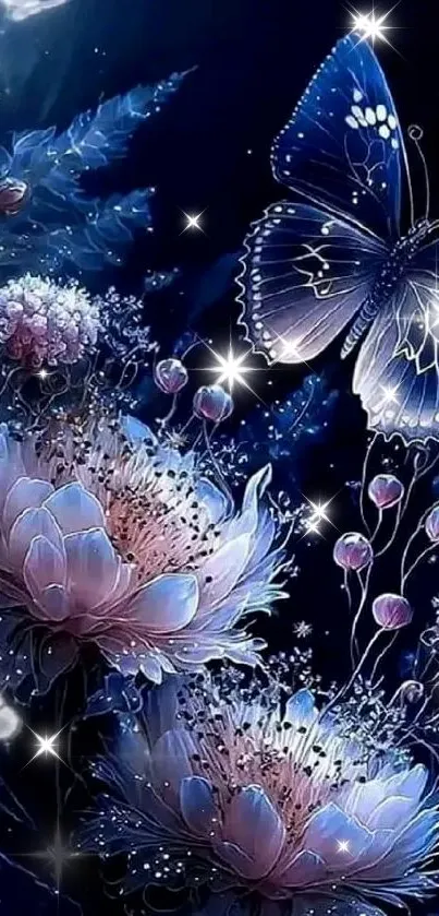 Mystical butterfly and flowers in moonlit blue hues.