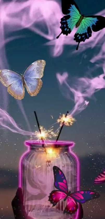 Glowing jar with butterflies and mystical smoke on a dark background.