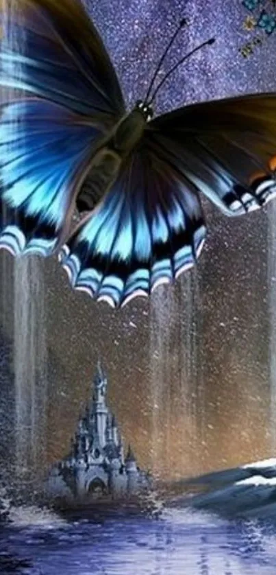 Mystical butterfly over fantasy castle with starlit sky.