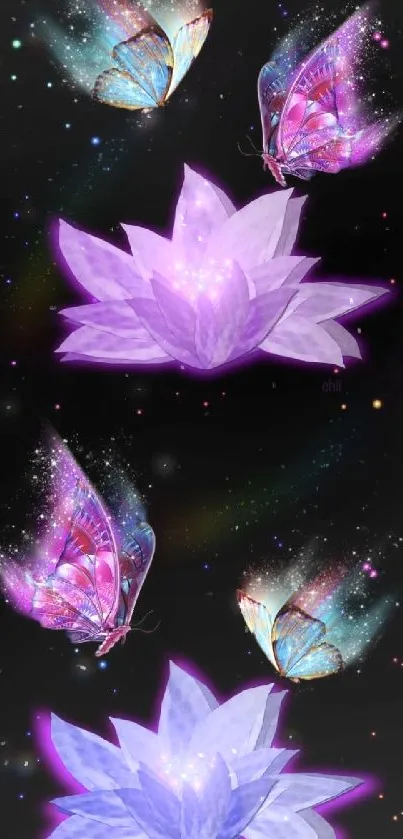 Mystical butterflies with glowing lotus flowers on a cosmic backdrop.