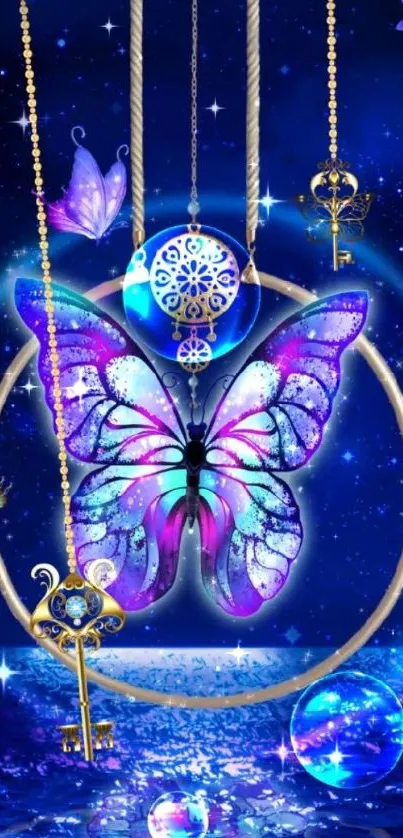 Mystical butterfly with cosmic background and golden keys on mobile wallpaper.