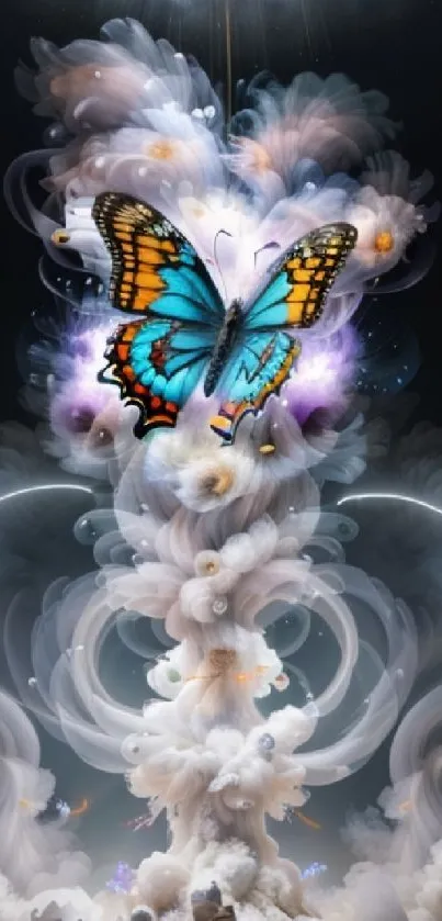 Mystical butterfly with swirling clouds, vibrant colors.