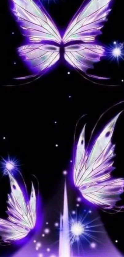 Glowing purple butterflies on cosmic black background wallpaper.