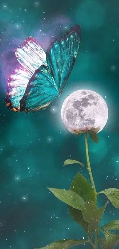 A mystical butterfly perches on a moonlit flower against a teal night sky.