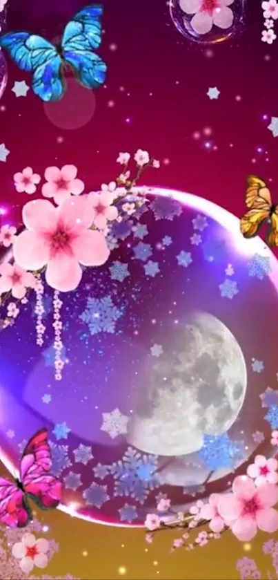 Mystical wallpaper with butterflies, moon, and cherry blossoms in pink hues.