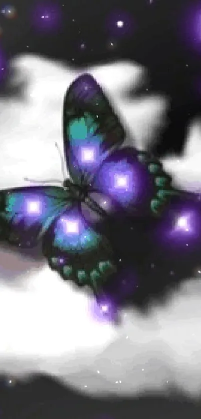 Ethereal night wallpaper with butterfly and purple stars.