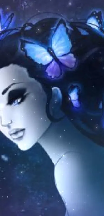 Mystical woman with blue butterflies in her hair on a starry night background.