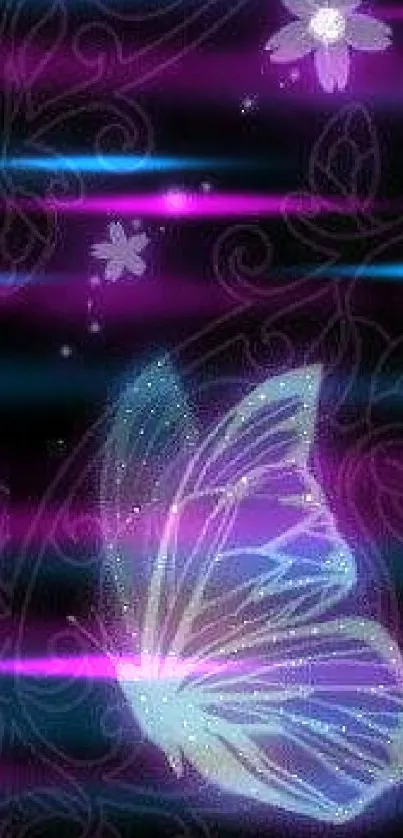 Mystical butterfly art with purple hues on a dark, floral background.