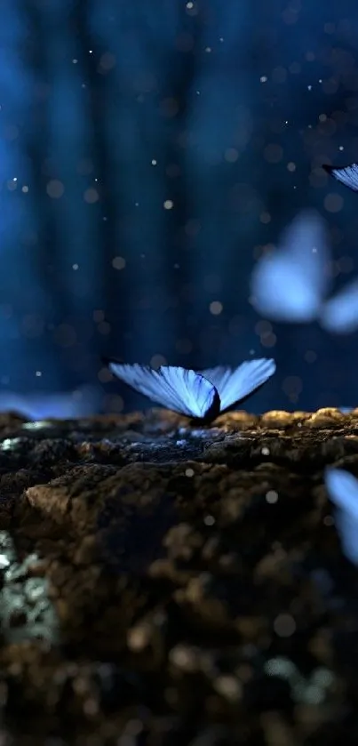 Ethereal butterflies illuminated in a mystical night forest scene, creating a serene ambiance.