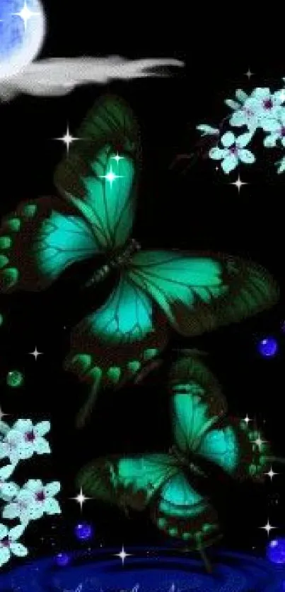 Mystical wallpaper with teal butterflies and a serene night sky.