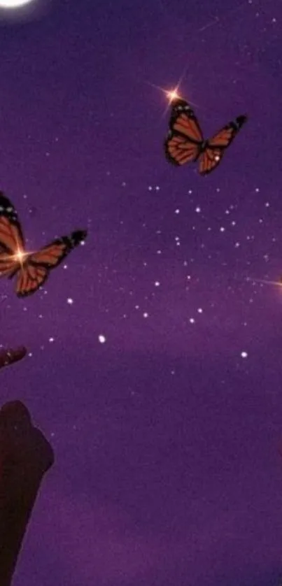 Purple night sky with stars, moon, and butterflies.