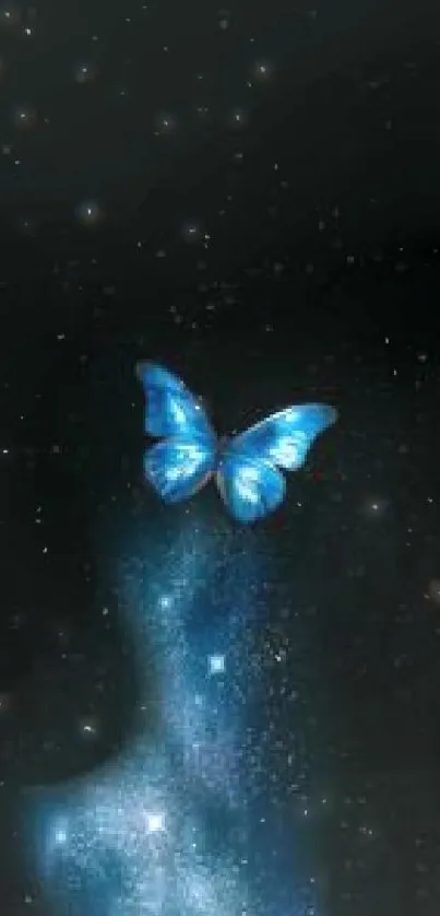 A blue butterfly against a starry black night sky, creating a mystical wallpaper.