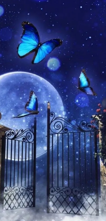 Mystical scene with butterflies against moonlit night sky.